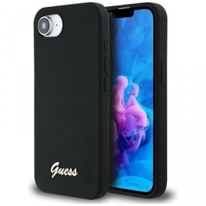Guess Silicone Script Metal Logo MagSafe - Etui do iPhone 16e (czarny)