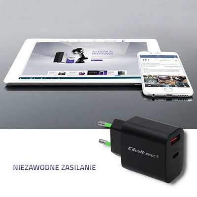 Qoltec Ładowarka sieciowa | 18W | 5-12V | 1.5-3A | USB typ C PD |       USB QC 3.0 | Czarna