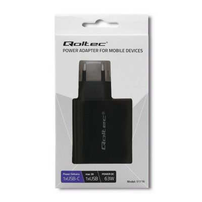 Qoltec Ładowarka sieciowa | 63W | 5-20V | 1.5-3A | USB typ C PD |       USB QC 3.0 | Czarna