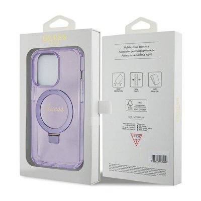 Guess Ring Stand Script Glitter MagSafe - Etui iPhone 15 Pro Max (fioletowy)