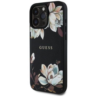 Guess Grained Printed Flower Pattern MagSafe - Etui do iPhone 16 Pro Max (czarny)