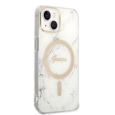 Guess Bundle Pack MagSafe IML Marble - Zestaw etui + ładowarka MagSafe iPhone 14 Plus (biały/złoty)
