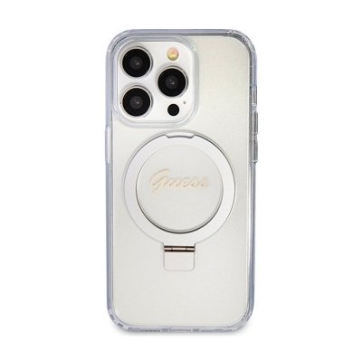 Guess Ring Stand Script Glitter MagSafe - Etui iPhone 15 Pro (przezroczysty)