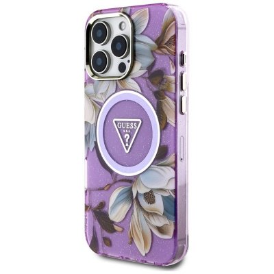 Guess Glitter Flowers Triangle Buttons MagSafe - Etui do iPhone 16 Pro Max (fioletowy)
