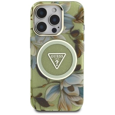 Guess Glitter Flowers Triangle Buttons MagSafe - Etui do iPhone 16 Pro (zielony)