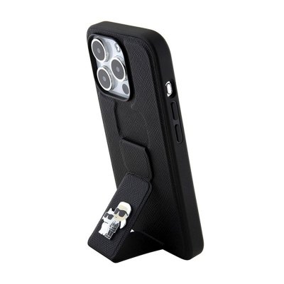 Karl Lagerfeld Gripstand Saffiano Karl & Choupette Pins - Etui iPhone 15 Pro Max (czarny)