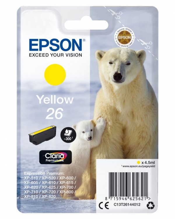 Tusz EPSON C13T26144012, T261440, yellow, 4,5ml, Epson Expression Premium XP-800, XP-700, XP-600
