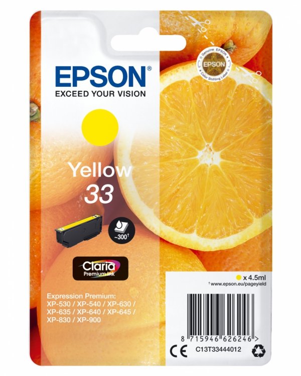 Tusz EPSON C13T33444012, T33, yellow, 4,5ml, Epson Expression Home a Premium XP-530,630,635,830