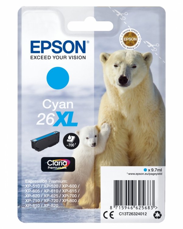 Tusz EPSON C13T26324012, T263240, 26XL, cyan, 9,7ml, Epson Expression Premium XP-800, XP-700, XP-600