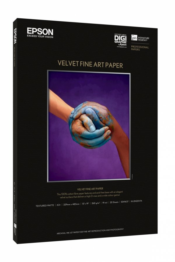 Epson Velvet Fine Art Paper, artystyczny papier, aksamitny, biały, A3+, 260 g/m2, 20 szt., C13S041637, atrament