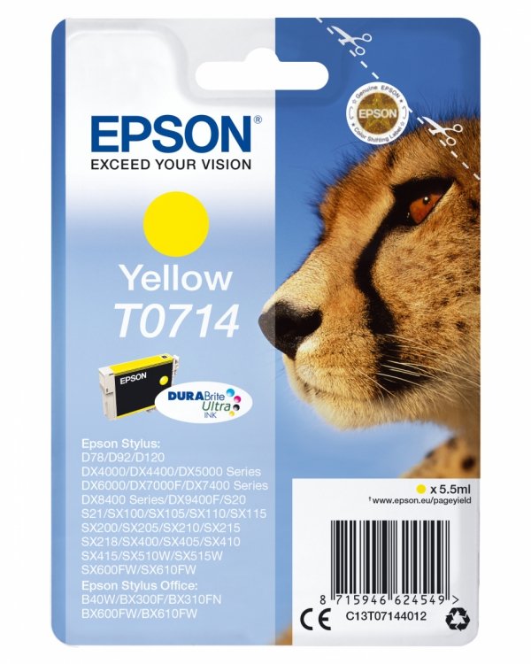 Tusz EPSON  C13T07144022, yellow, blistr z ochroną, 5,5ml, Epson D78, DX4000, DX4050, DX5000, DX5050, DX6000, DX605 C13T07144022