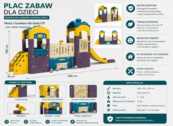 most z tunelem dla dzieci karta techniczna, wymiary plac zabaw, specyfikacja urządzenia
