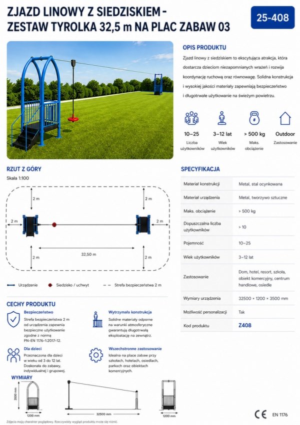 Zjazd linowy z siedziskiem – karta techniczna, wymiary i specyfikacja urządzenia
