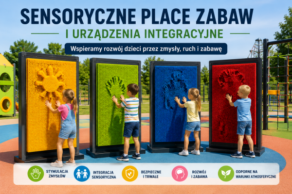 Nowoczesne sensoryczne place zabaw i urządzenia integracyjne wspierające rozwój motoryki oraz integrację sensoryczną dzieci.