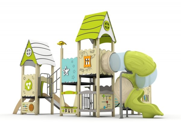 Plac zabaw Zielony Domek Przygód – widok z przodu, zestaw z daszkami i rurą tunelową.