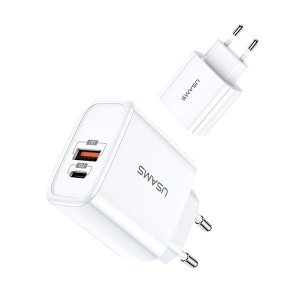 USAMS Ładowarka sieciowa USB+USB-C Fast Charging biała