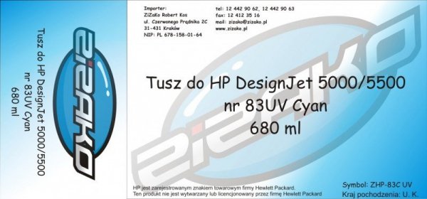 Tusz zamiennik Yvesso nr 83 UV do HP Designjet 5000/5500 680 ml Cyan C4941A