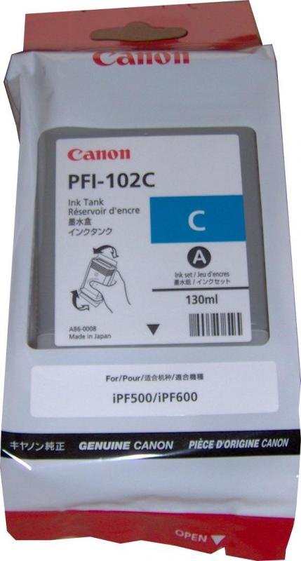 Tusz CANON PFI-102C 130 ml cyan do IPF500/510/600/605/610/650/655/710/720/750/755/760/765 LP17/24
