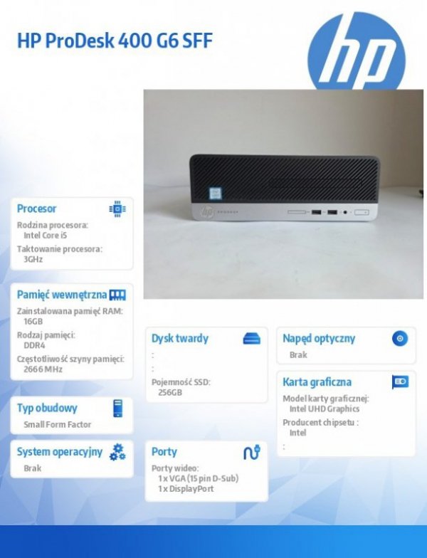 HP Inc. Komputer poleasingowy ProDesk 400 G6 SFF Core i5 9500 (9-gen.)   3,0 GHz / 16 GB / SSD 256GB NVME / Win 11 Prof.