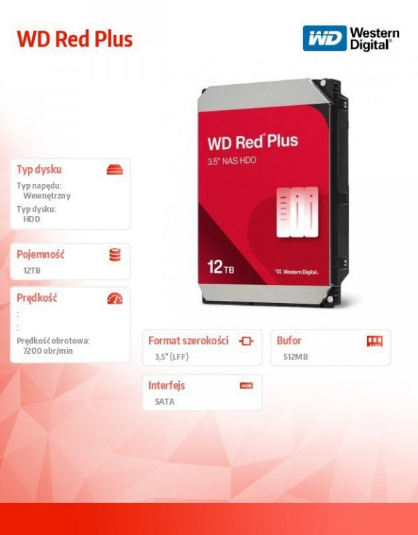 Western Digital Dysk HDD Red Plus 12TB 3,5'' 512MB/7200RPM WD120EFGX