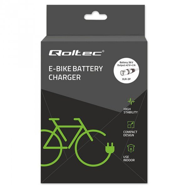 Qoltec Ładowarka do roweru elektrycznego 36V | 42V | 2A | 3P XLR-18mm  + kabel zasilający