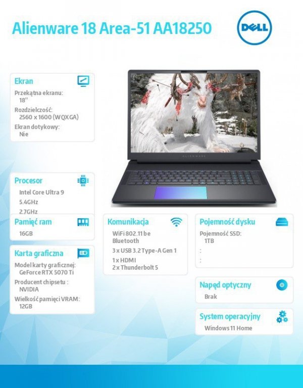 Dell Laptop Alienware 18 Area-51 AA18250 Win11 Home/ Core Ultra 9 275HX/16GB/1TB/18.0/ NVIDIA GeForce RTX 5070 Ti/Cam FHD/ 2Y AlienwareEliteCare