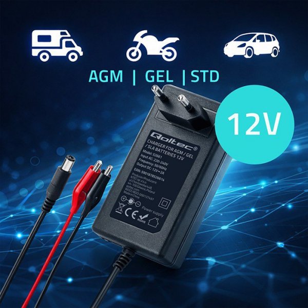Qoltec Ładowarka do akumulatora AGM GEL | Prostownik 12V | 2A | 24W |   5.5x2.1 | kabel 1.8m