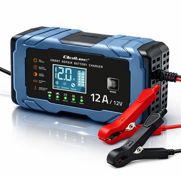 Qoltec Ładowarka 12V 12A | Prostownik z funkcją naprawy | AGM GEL       LiFePO4 | 9-stopniowe ładowanie