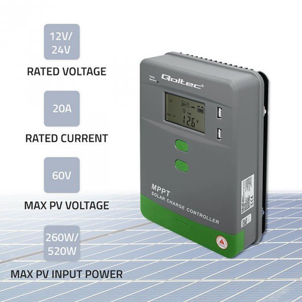 Qoltec Solarny regulator ładowania MPPT z czujnikiem temperatury 20A |  12V/24V | LCD | 2xUSB | GEL | LiFePO4