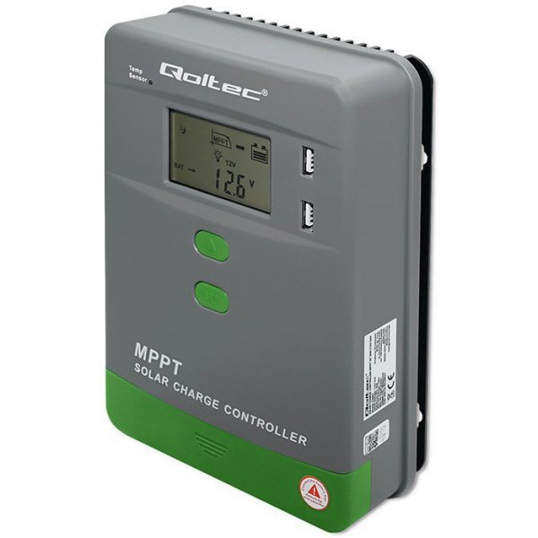 Qoltec Solarny regulator ładowania MPPT z czujnikiem temperatury 20A |  12V/24V | LCD | 2xUSB | GEL | LiFePO4