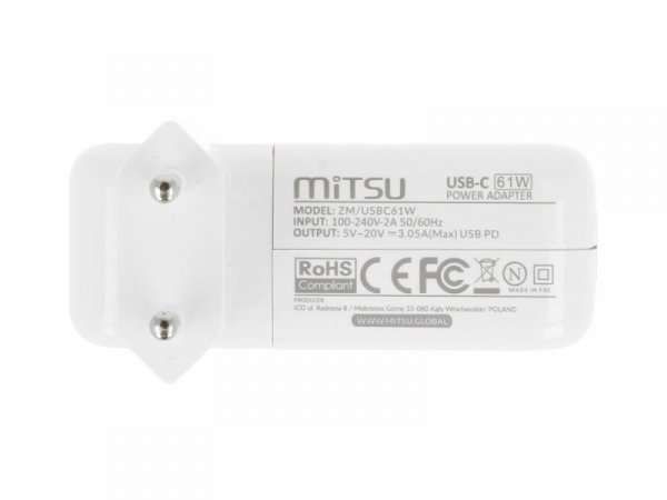 Mitsu Zasilacz ładowarka do laptopa 61W USB-C 5V-9V-12V-15V-20V-20.3V/3A PD
