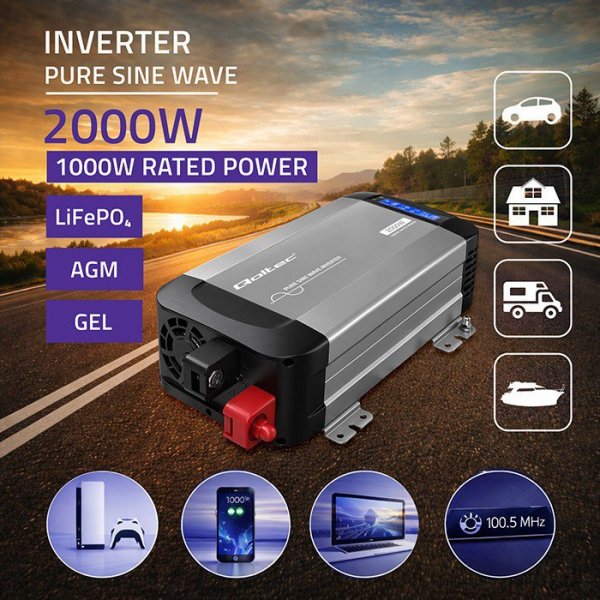 Qoltec Przetwornica napięcia Pure Sine Wave | 12V na 230V |  1000/2000W
