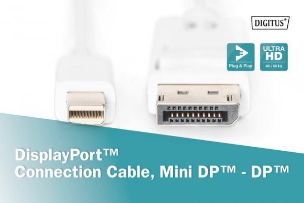 Digitus Kabel połączeniowy Displayport 4K 60Hz UHD Typ miniDP/DP M/M biały 1m