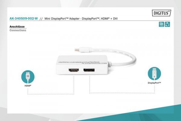 Digitus Kabel adapter Displayport 1080p 60Hz FHD Typ miniDP/DP+HDMI+DVI-D M/Ż 0,15m Biały