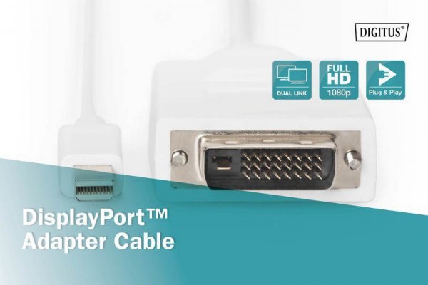 Digitus Kabel adapter Displayport 1080p 60Hz FHD Typ miniDP/DVI-D (24+1) M/M biały 2m