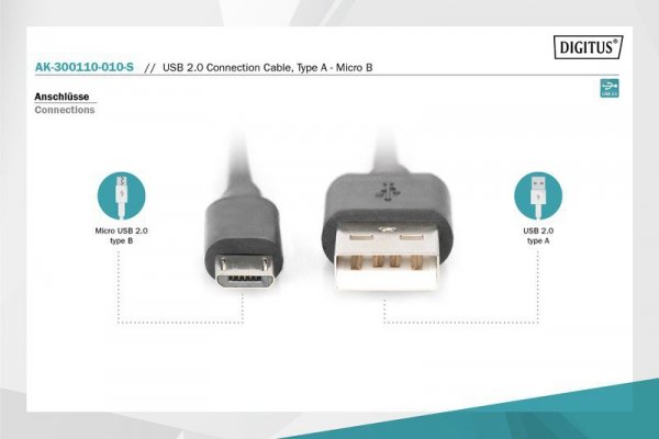 Digitus Kabel połączeniowy USB 2.0 HighSpeed Typ USB A/microUSB B M/M 1m Czarny