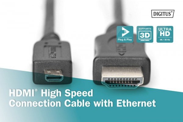 Digitus Kabel połączeniowy HDMI HighSpeed z Ethernetem 4K 60Hz UHD Typ HDMI A/HDMI D M/M 1m Czarny