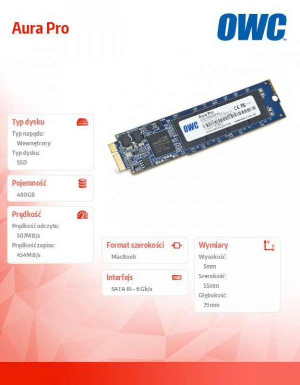 OWC Dysk SSD Aura Pro 480GB Macbook Air 2010/2011 285-500MB/s 50-60k IOPS