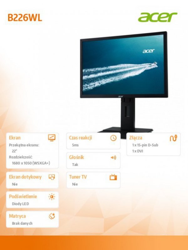 Acer Monitor 22 cale B226WLymdr 16:10 LED 1600x1050(WSXGA+) 5ms 100M:1 DVI reg-wys pivot głośniki