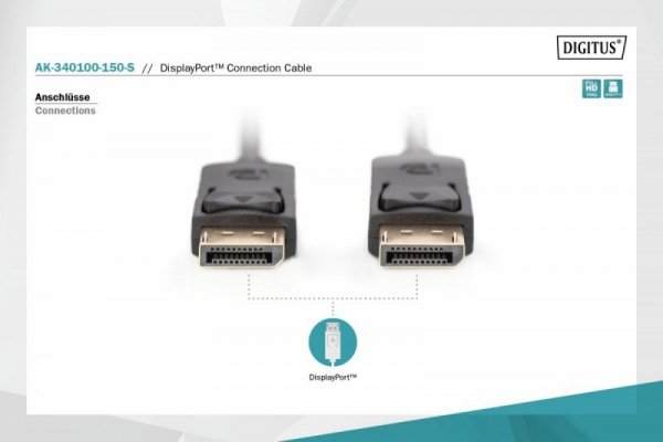 Digitus Kabel połączeniowy DisplayPort z zatrzaskami 1080p 60Hz FHD Typ DP/DP M/M czarny 15m