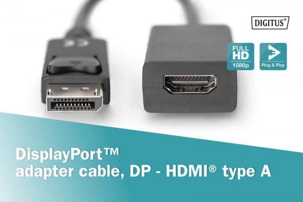 Digitus Kabel adapter Displayport z zatrzaskiem 1080p 60Hz FHD Typ DP/HDMI A M/Ż czarny 0,15m