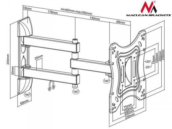 Maclean Uchwyt do telewizora lub monitora 23-42 cale 20kg Uniwersalny MC-700 Czarny max vesa 200x200