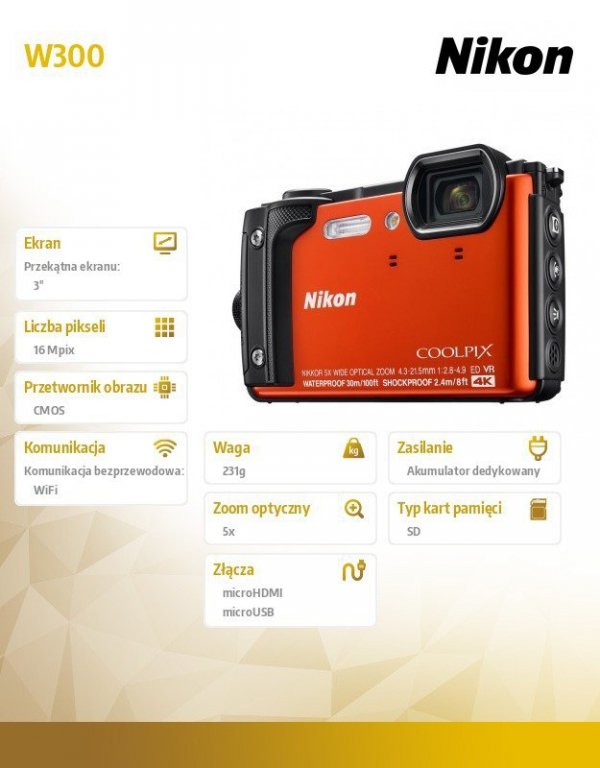 Nikon W300 pomarańczowy + plecak