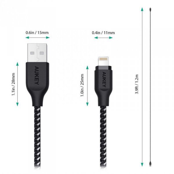 AUKEY CB-AL1 Black nylonowy kabel Quick Charge Lightning-USB | 1.2m | certyfikat MFi Apple