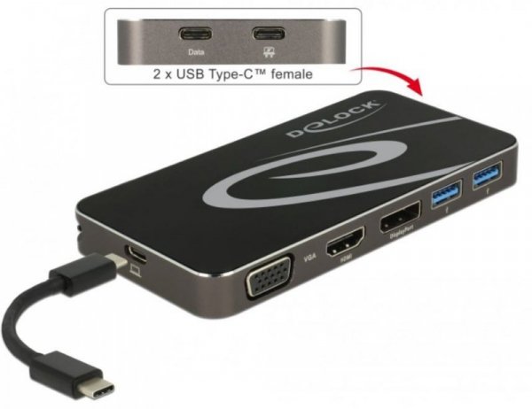 Delock Replikator portów USB-C -&gt; HDMI, 2x USB 3.0, USB-C, Displayport, VGA + zasilanie Czarny