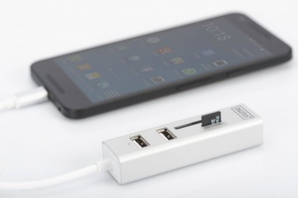 Digitus HUB/Koncentrator 3-portowy OTG USB Typ C, USB 2.0 HighSpeed czytnik kart SD/Micro SD, aluminium