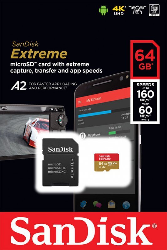 SanDisk Karta pamięci Extreme microSDXC 64GB 160/60 MB/s A2 V30 U3
