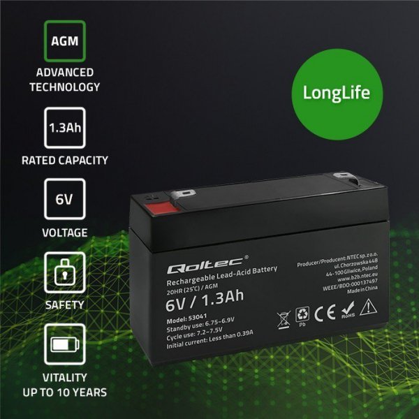 Qoltec Akumulator AGM | 6V | 1.3Ah | max.0.39A