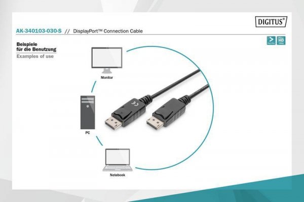 Digitus Kabel połączeniowy DisplayPort z zatrzaskami 1080p 60Hz FHD Typ DP/DP M/M czarny 3m
