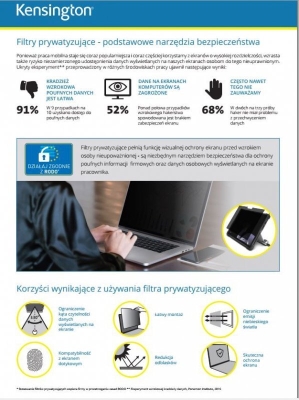 Kensington Filtr prywatyzujący, 2-stronny, zdejmowany do monitora, 19 cali, 16:10
